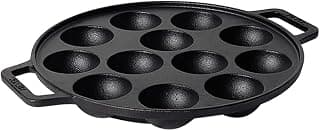 Meyer Pre Seasoned Cast Iron 12 Cavity Appam Patra, Paniyaram Pan Iron, Appam Pan, Pan Cake, Paddu, Appam Maker, Ponganal Maker, Appe and Litti Maker with 2 Side Handle, 26cm, Black