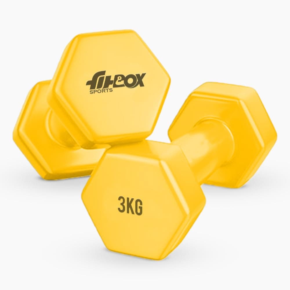 FitBox Sports Premium 6kg (3kg x 2) Vinyl Coated Cast Iron Dumbbells for Exercise & Fitness | Strength Training for Home Gym - Yobbery Yellow
