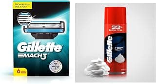 Gillette Men Mach 3 Shaving Blades- Pack of 6 (Cartridges) and Classic Regular Pre Shave Foam, 418g with 33% Extra Free