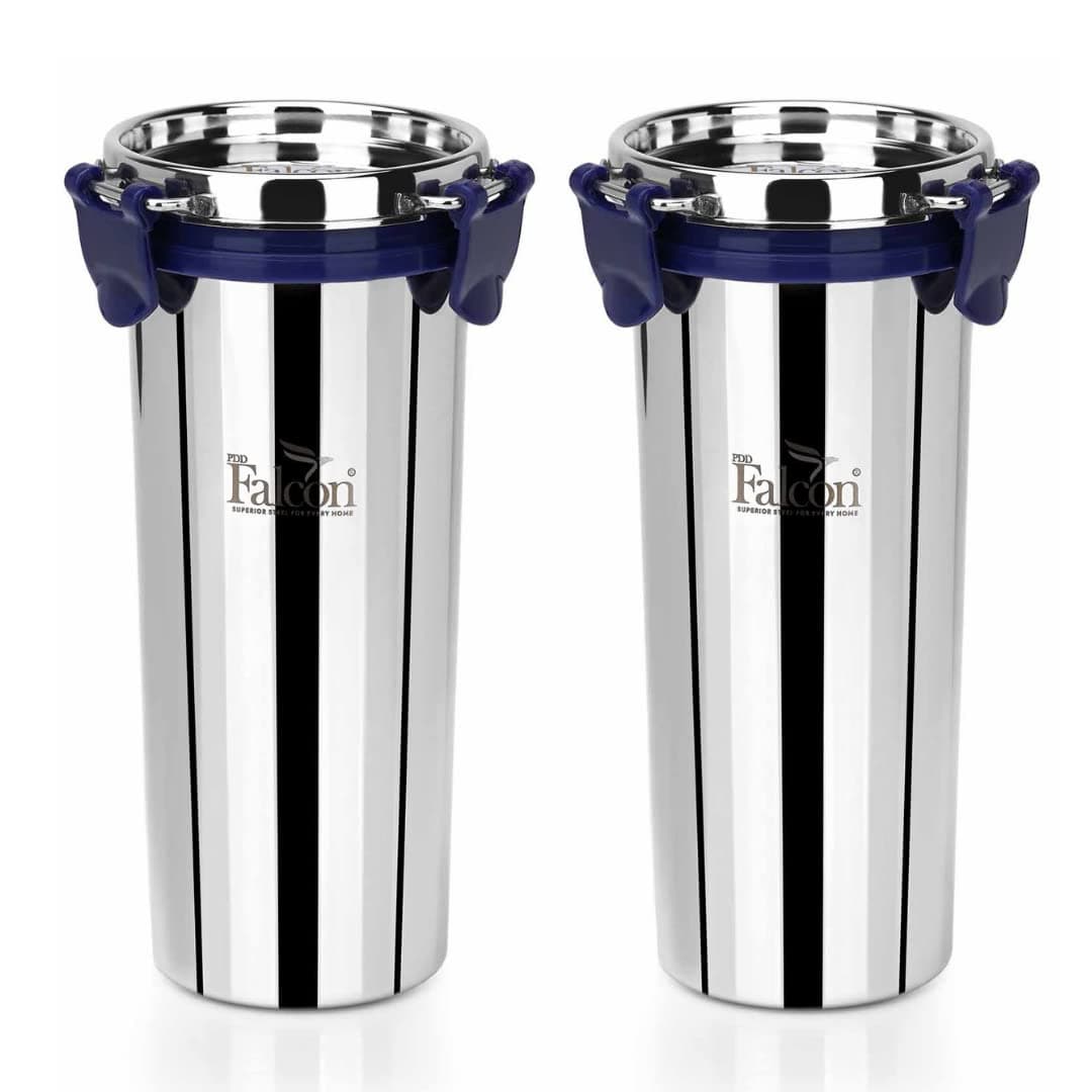 PDDFALCON EcoNxt Stainless Steel Tumbler/Glass Set with All-Steel Lid,100% Leakproof BIS Certified, Jindal Seal & Made in India Extra Clamp, Ideal for Gym, Travel (520ml Set of 2)