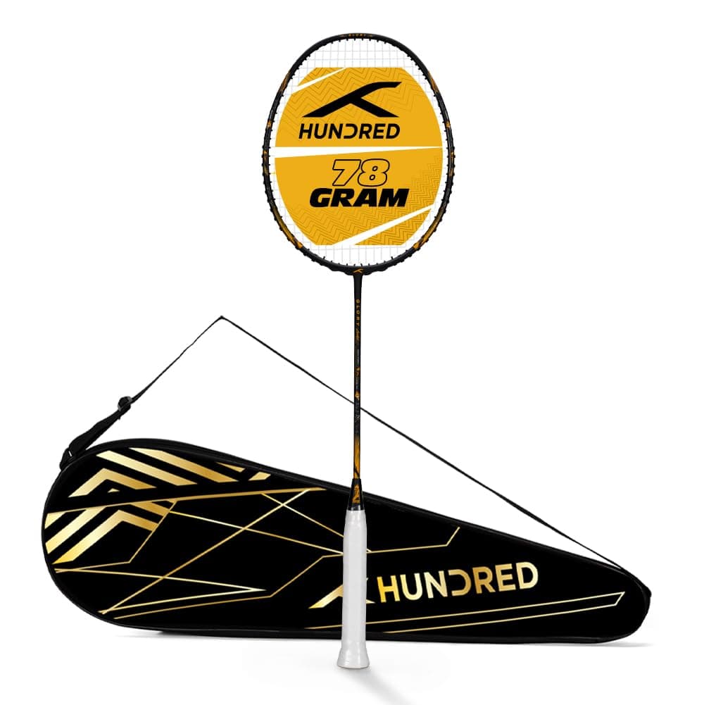 Hundred Carbon Fibre Glory Limited Edition Strung Badminton Racket with Full Racket Cover | 78 Grams | Matte Finish | Maximum Tension ? 32 LBS (Black/Gold)