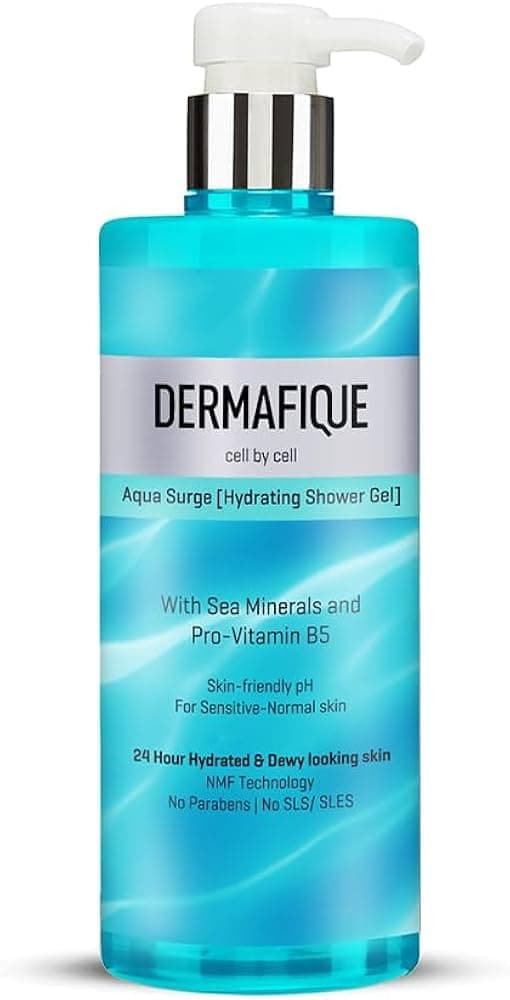 Dermafique Aqua Surge Shower Gel 500ml | 24 hr hydration, No Paraben/SLS, Pro Vitamin B5 & NMF | Sensitive, Dry, Oily, Normal Skin | Clinically & Dermat Tested on Indian skin | Body Wash for Women & Men