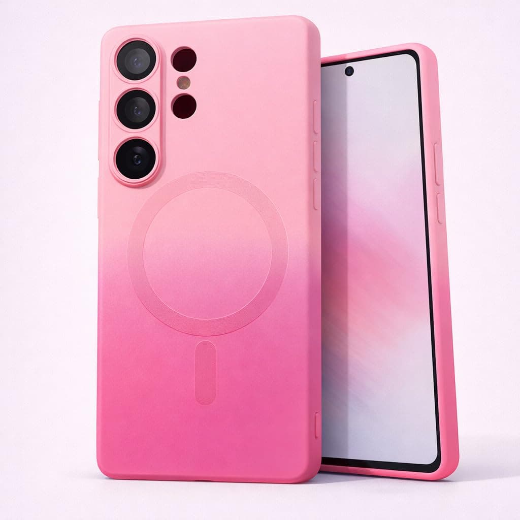 amazon basics Gradient Mag-Safe Case for Samsung Galaxy S23 Ultra 5G | Soft Silicone Shockproof Cover with Camera Protection | Slim Lightweight Design | Smooth Touch & Durable - Light and Dark Pink