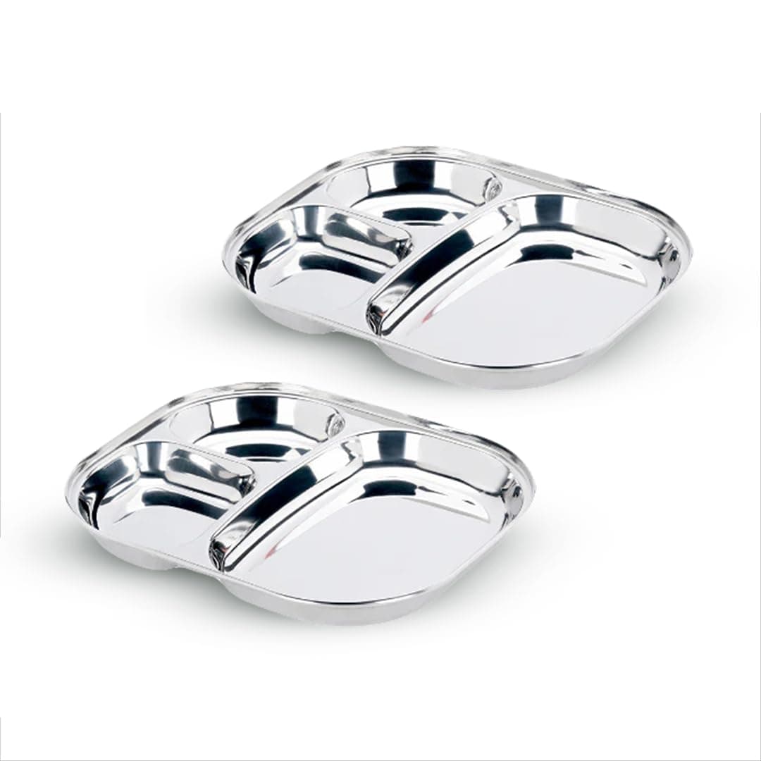 Vinod Brand Stainless Steel 3-Compartment Plate/Heavy Guage Pav Bhaji Plate/Idli Sambhar Breakfast Plate/Stainless Steel Plates for Lunch/Dinner, Set of 02