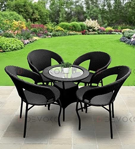 DEVOKO 5 Pieces Patio Outdoor Rattan, Wicker Chair Conversation, Garden, Backyard, Balcony, Porch, Poolside Furniture Sets with Glass Table, Black, 61 cm , 58.4 cm , 76.2 cm