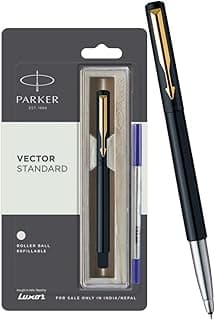 Parker Vector Standard Gold Trim Roller Ball Pen | Ink Color - Blue | Black Body Color | Ergonomic Design | Built for long writing sessions