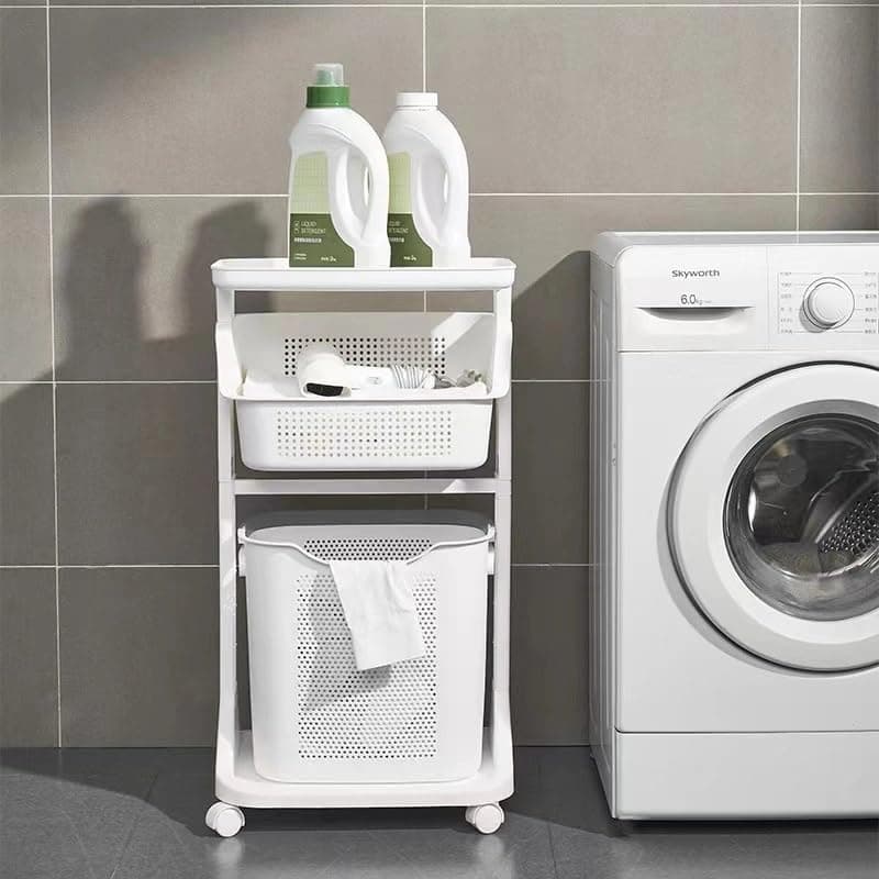 HomeStrap Laundry Magic Mover /2 Layer Laundry Basket With Wheels/Storage Basket/Household kitchen Shelf (White) Plastic
