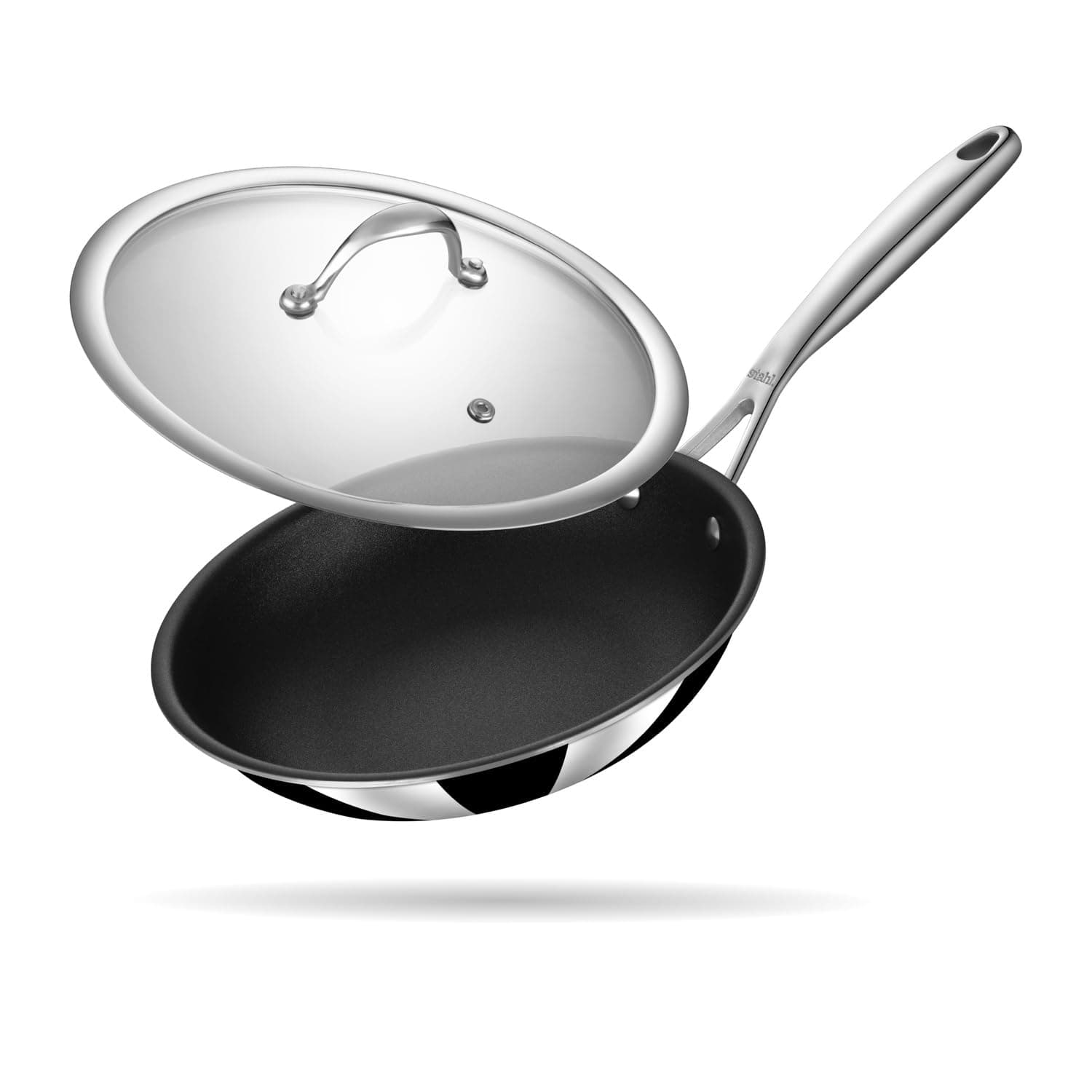Stahl Artisan Schild 1.3L, 20 cm Frypan Triply Stainless Steel + PEEK-Reinforced Non-Stick Fry Pan | Induction & Gas Compatible | with Glass Lid | Manufacturer Warranty