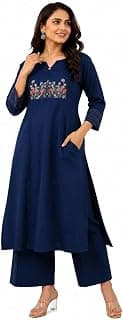 Women's Cotton Embroidered Straight Kurti with Pant Set