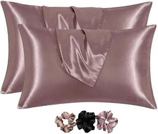 GO WELL Solid Satin Silk Pillow Covers Pack of 2 for Hair and Skin-with Satin Scrunchies |Satin Pillow coves for Hair and Skin|scrunchies for Women 3-Pieces|Silk Pillow case (RoseTaupe) 600TC