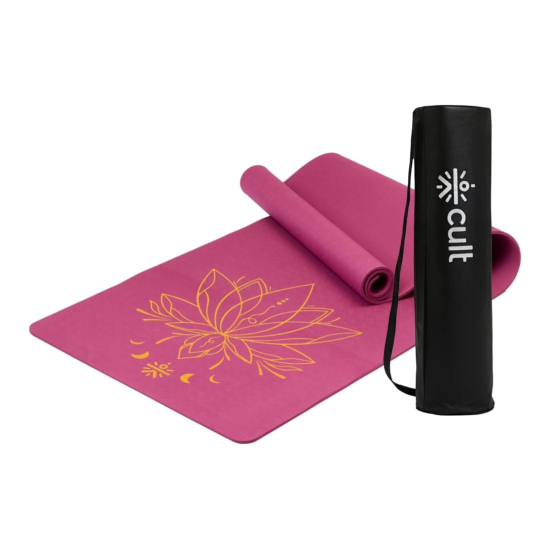 CULT TPE Yoga Mat 6mm with Carry Bag & Strap – Eco-Friendly, Non-Slip, Lightweight & Durable Exercise Mat for Yoga, Pilates, Meditation & Home Workouts – Purple Lotus Print