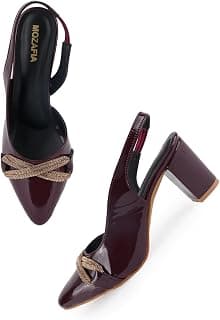 MOZAFIA Women's Maroon Patent Slingback Block Heel Sandals with Gold Embellished Bow Detail, Formal Western Style