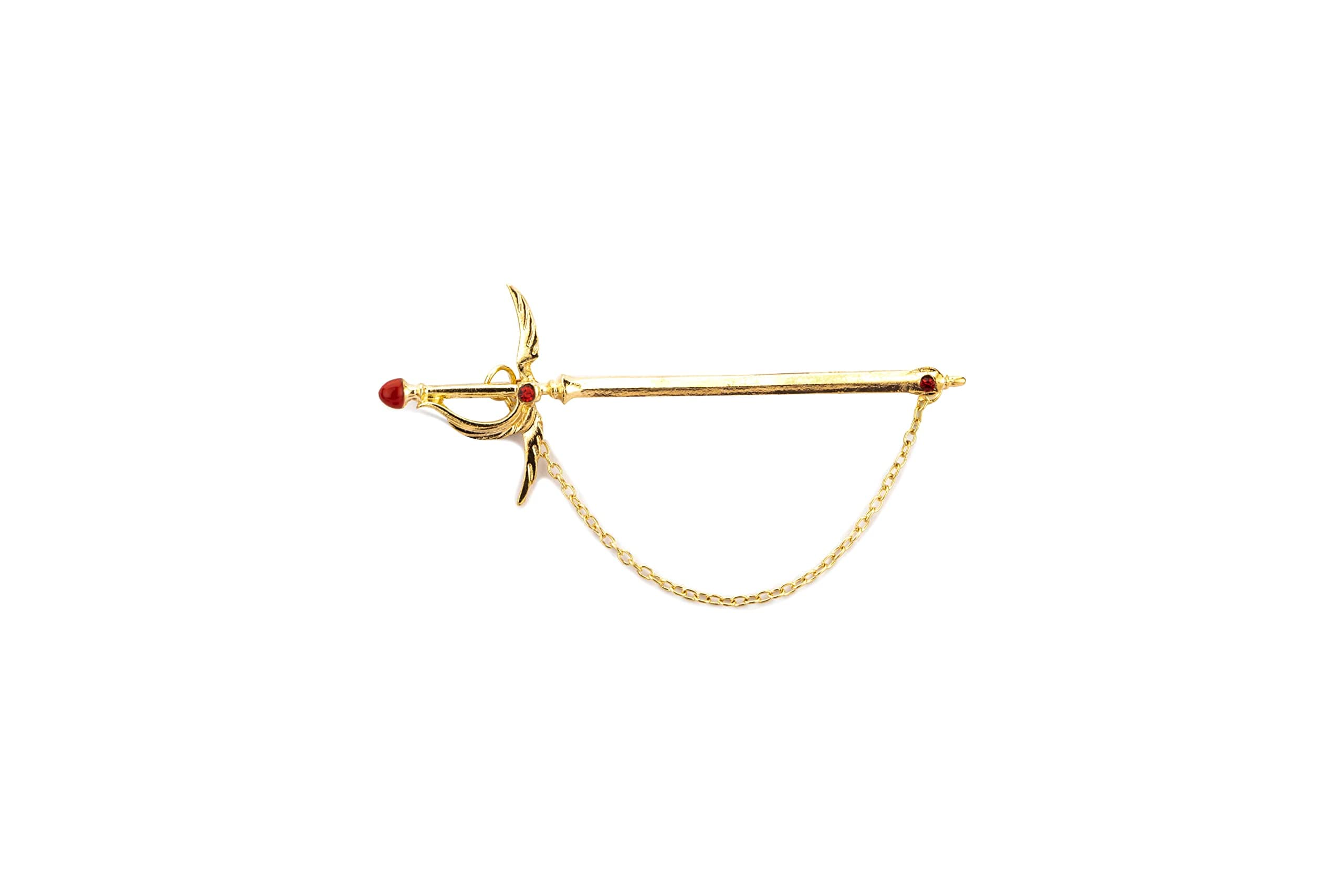 Knighthood Golden Sword With Wings And Red Stones Hanging Tassel Chain Collar Pin Brooch, Suit Stud, Shirt Studs, Lapel Pin Accessories for Men Women