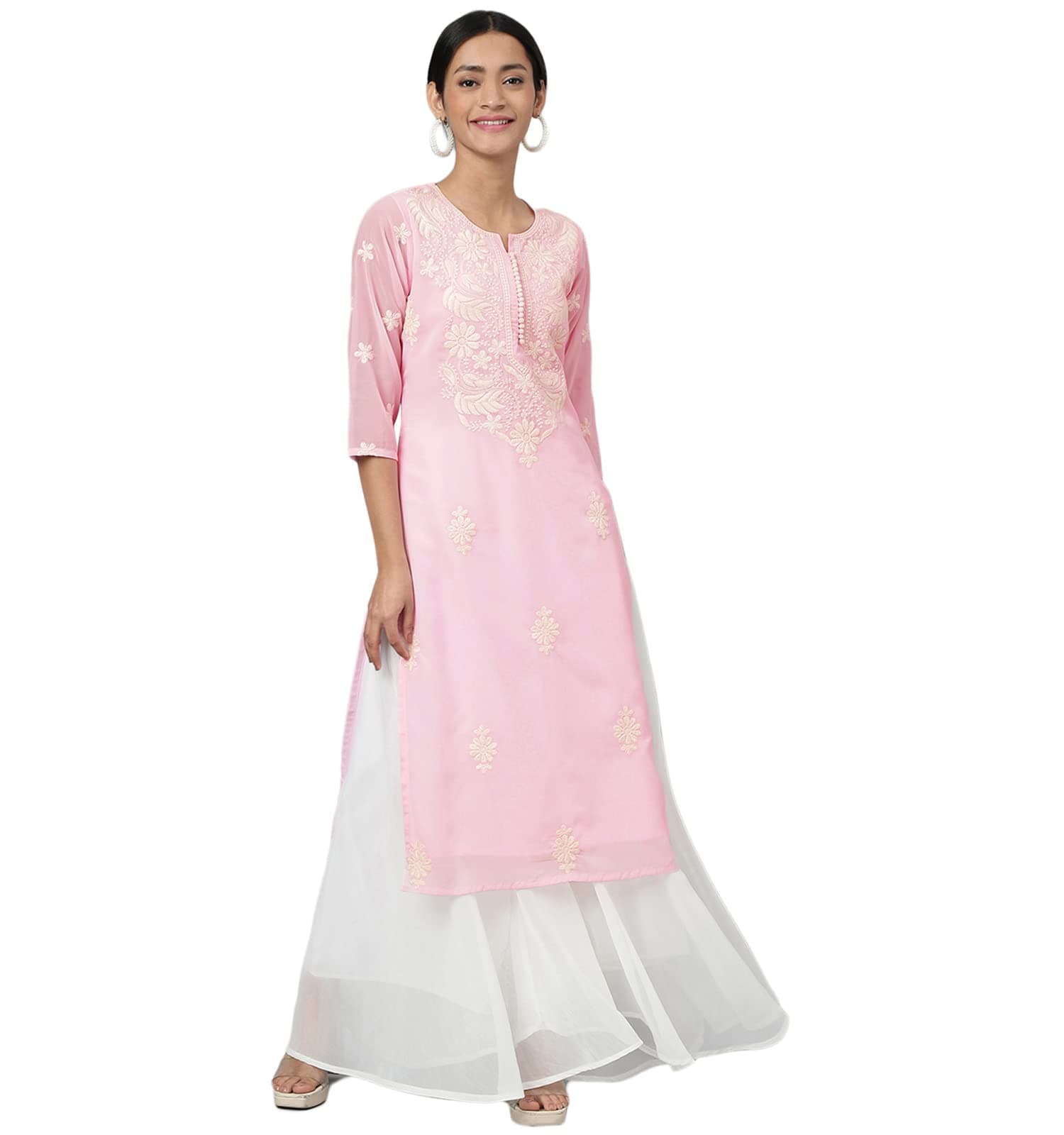 RATAN Georgette Straight Lucknowi Chikankari Ethinic Wear Kurta for Women
