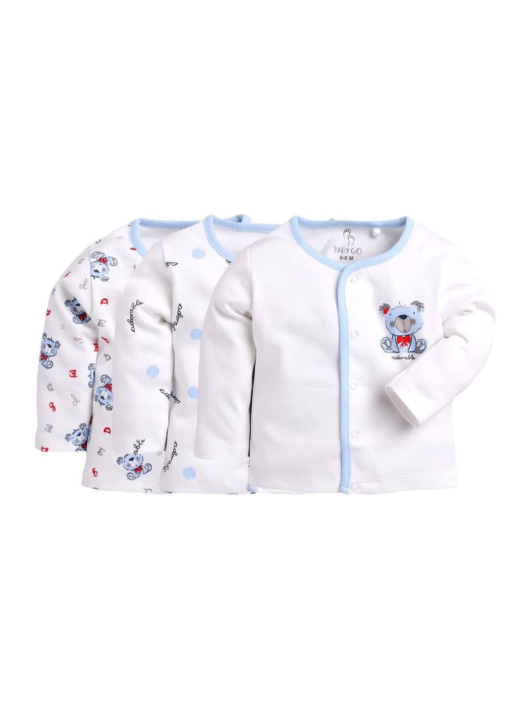 BABYGO Unisex Baby 100% Cotton Full Sleeve Front Open T-Shirt Pack of 3|Soft Breathable Infant Clothing Set with Snap Buttons|Comfortable Layering Top for Newborn Baby Boys & Baby Girls Regular Fit