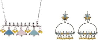 VOYLLA Oxidised Silver-Toned Brass Necklace & Multicolor Enamel Dangler Earrings Set for Women & Girls | Stylish Everyday Wear