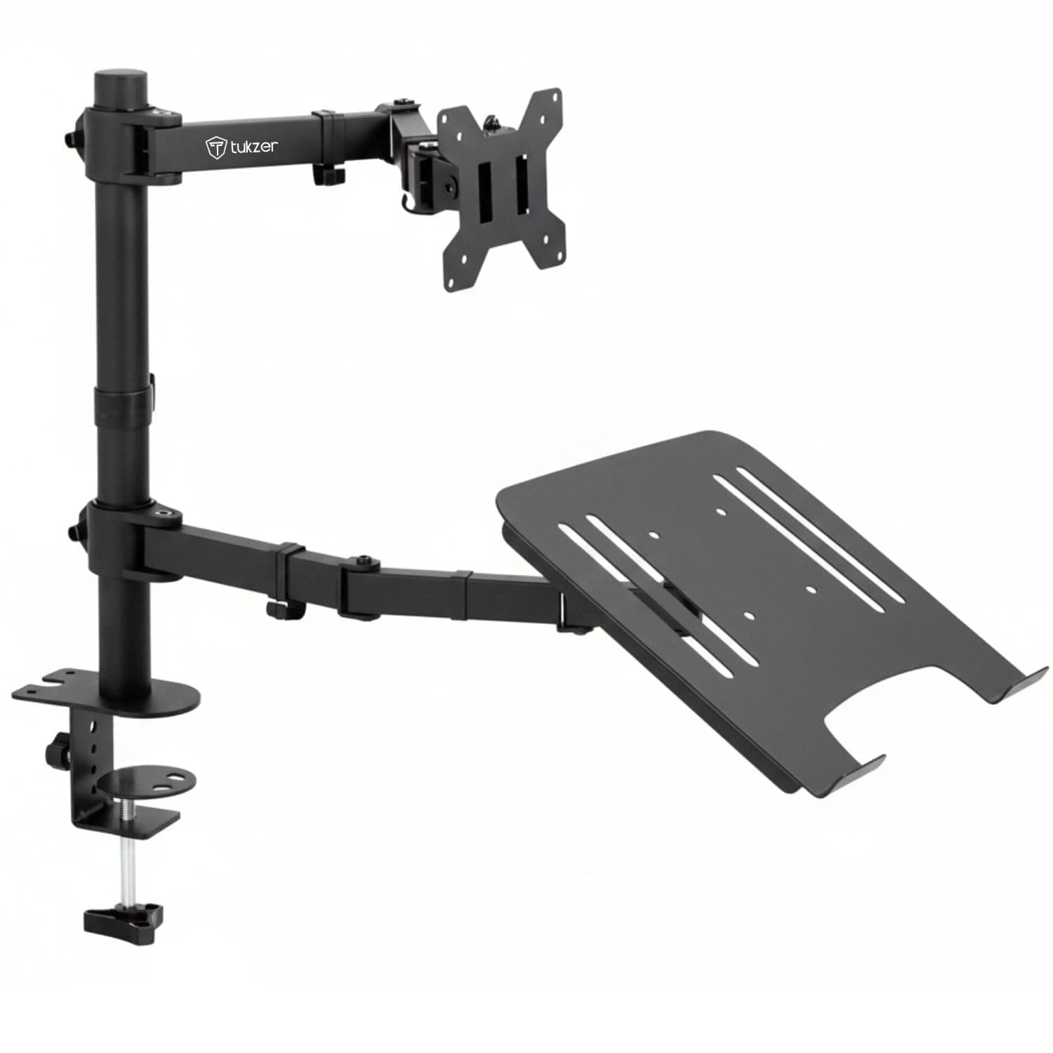Tukzer Monitor & Laptop Desk Arm Stand, Basic Pole Mount for 13-32 Inch Computer Screen Monitors for Dell, LG, Samsung,HP,Lenovo,Acer,ASUS, Tilt Adjustable,Tray for Laptops,Notebooks Upto 17", Tablet