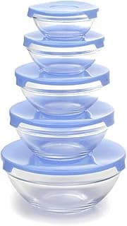 Glass Storage 5 Pcs Set, bowl, Microwave Safe, Durable, Leak Proof, Office, Home, Picnic, Fruits, Vegetables, Meals, Heat Resistant, Glass Salad Bowl,Food Storage Containers