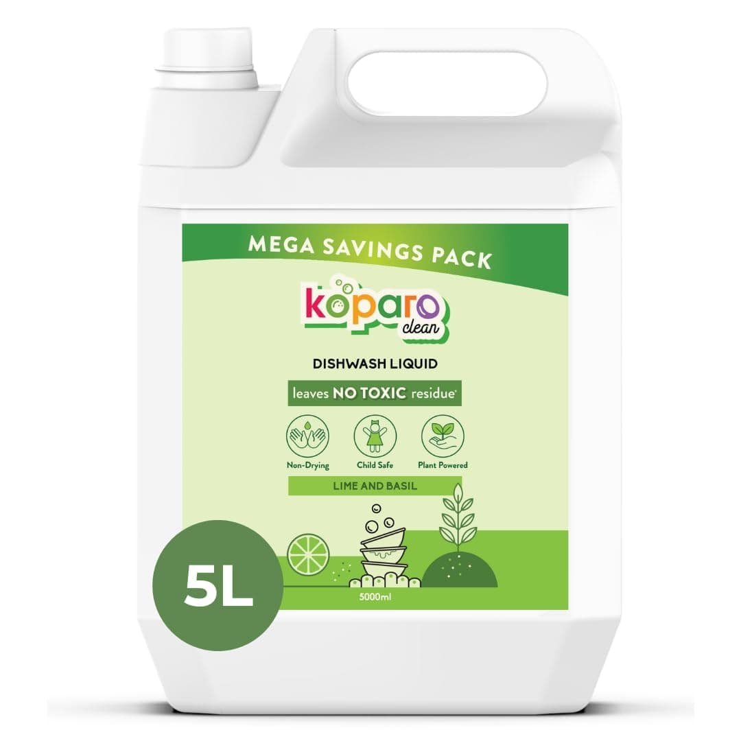 Koparo Organic Dishwash Liquid | 5 Litres Refill Can | Powerful Grease Cutting Dishwasher Liquid | Thick Foam Liquid Dishwash for Kitchen Utensils | Baby & Pet Safe | Lime & Basil Fragrance