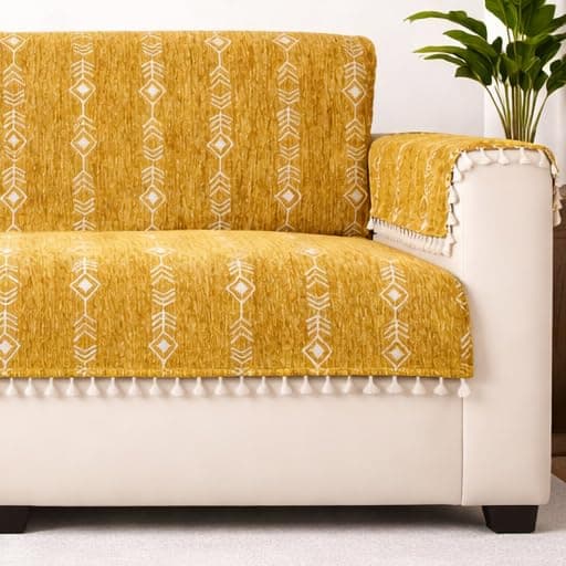 STITCHNEST Chenille Printed Sofa Cover 2 Seater with 2 Hand Rest Covers – Washable Mustard Sofa Cover with Tassels – Durable Premium Fabric – Stylish Sofa Protector for Living Room & Furniture Decor