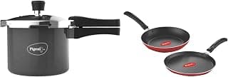 Pigeon Hard Anodised Pressure Cooker Outer Lid with Induction Base 3 Litre & Pigeon Aluminium Nonstick Duo Pack Flat Tawa 250 and Fry Pan 200 Gift Set (Red)