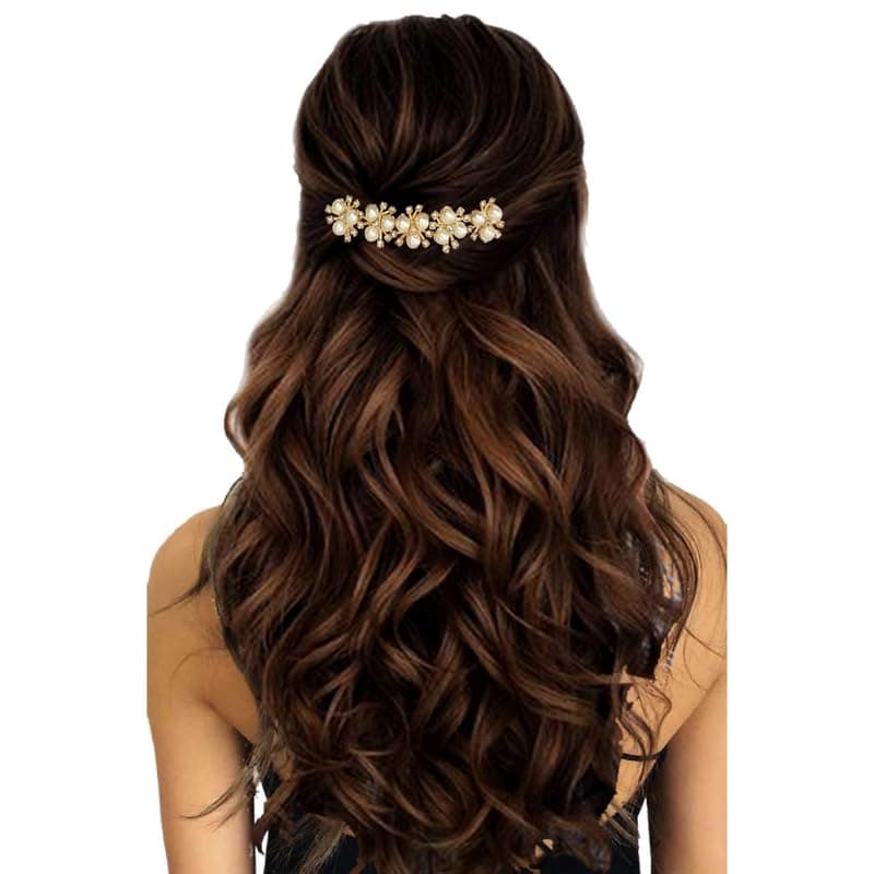 Hair Flare Bridal Hair Barrette with Pearls & Flowers | Elegant Tone Wedding Hair Clip with Crystals | Women’s Party, Bridesmaid & Formal Hair Accessory | Golden