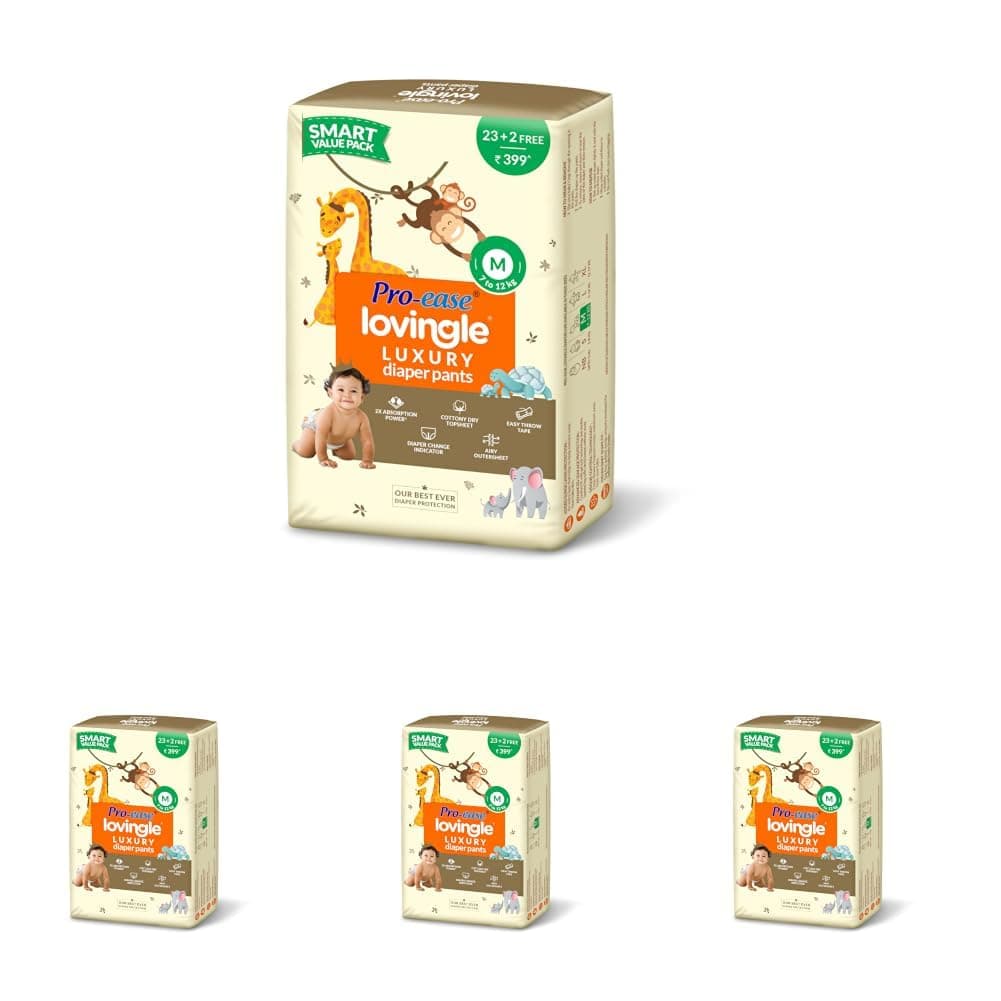 Pro-ease Lovingle Luxury Baby Diaper|Pant Style Diaper for Baby|Diaper M size|2X Absorption*IAdvanced Leakage Protection|Wetness Indicator|Easy Throw Tape|7-12 kg|25(23+2Free) Pieces (Pack of 4)