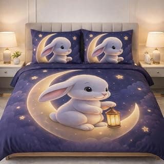 DECOR WELL Premium 7D Digital Print Polycotton Double Bed Sheet with 2 Matching Pillow Covers – Soft, Wrinkle-Resistant & Vibrant Bedroom Décor - Moon Rabbit 2
