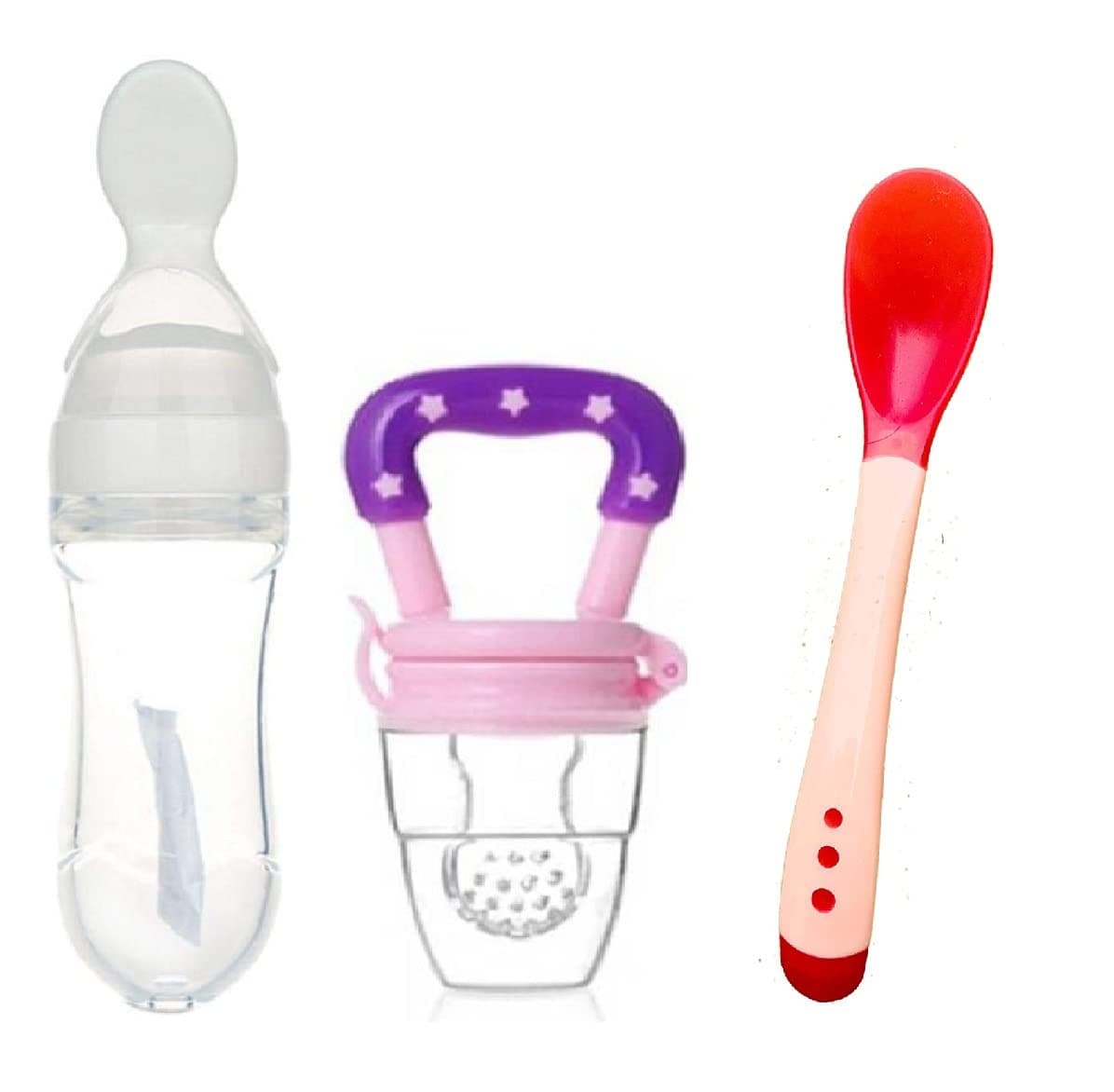 Manan Shopee Baby Feeding Set All in One 1- Baby Food Fruit Nibbler 1- Baby Food Feeder 1- Baby Heat Sensor Feeding Spoon (Multicolor19)