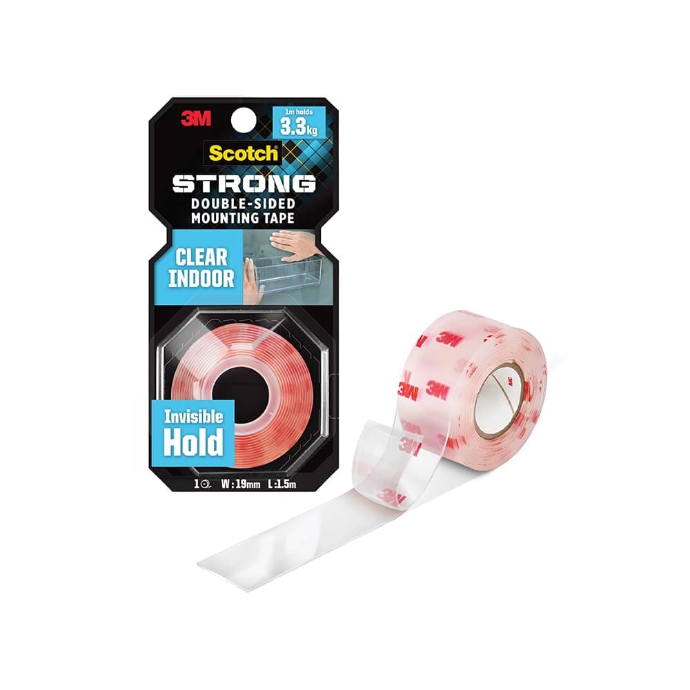 3M Scotch Transparent Double-Sided Tape, 1M Holds 3.3 Kg, Invisible Finish, for indoor hanging applications, works on uneven surfaces, Heavy Duty, Strong Adhesive, (L: 1.5m, W: 19mm), Transparent