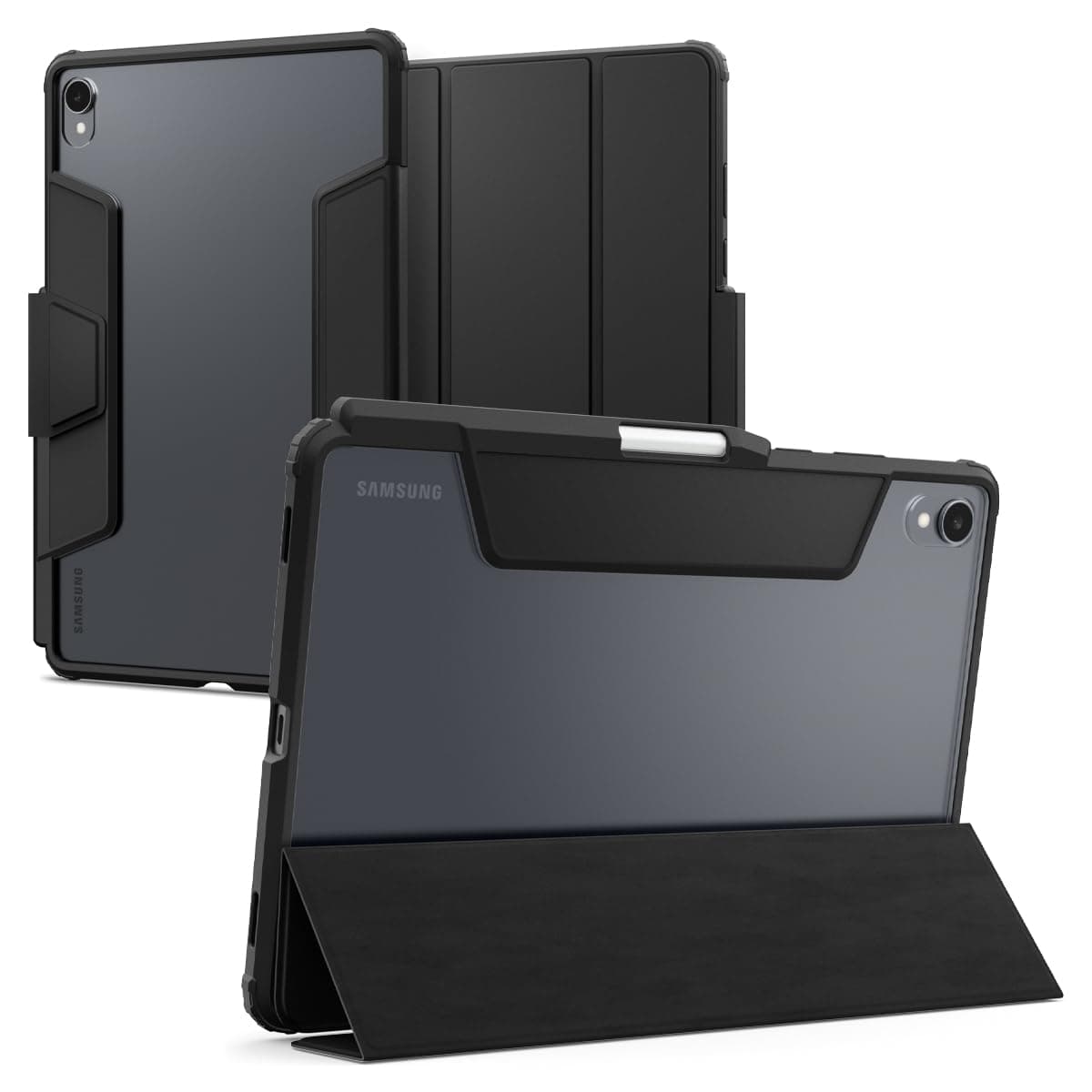 Spigen Ultra Hybrid Pro | Samsung Galaxy Tab S11 Case [Transparent] [S Pen Holder] [Trifold Stand] 11 inch Folio Full Cover | TPU+PC+PU Leather - Black