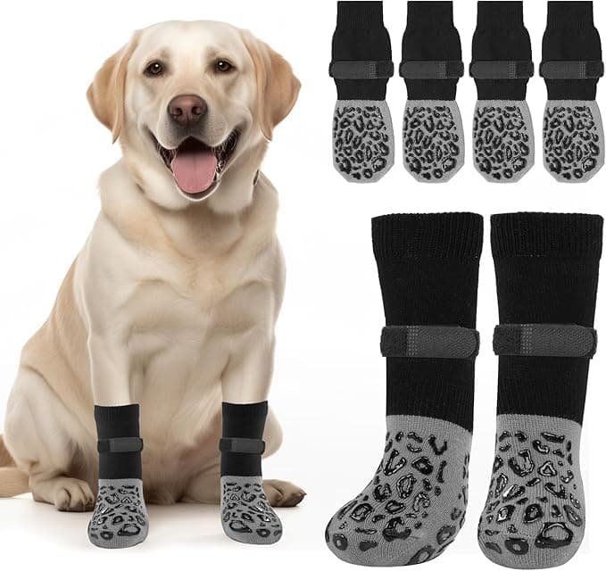 KUTKUT 4Pcs Non Slip Dog Socks to Prevent Licking Paws, Strong Traction for Hardwood Floors, Senior Dogs, Prevent Scratching, Paw Protector Double Sides Anti Slip Dog Socks(Size:- L: L*W: 18cm*7cm)