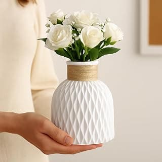 Plastic Pineapple Shape Decorative Vase with Jute Rope Top | Unbreakable Flower Pot for Centre Table, Balcony & Living Room Decor | Only Vase (No Flower) (White)