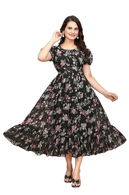 DHARESWAR ENTERPRISE Women's Georgette Dresses Floral Printed One Piece Stylish Long Maxi Western Frock Midi Dress for Women (Puffed Sleeves)