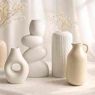 Set of 4 Ceramic Vases for Home Decor | White & Beige Modern Minimalist Vase Set | Pebble, Ribbed, Jug & D-Shape | Living Room, Shelf, Tabletop Decoration