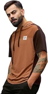 WROGN Men's 100% Cotton Loop Terry Hoodie T-Shirt | Asymmetrical Colorblock & Canvas Patch | Oversized Fit | Drawstring Hood Streetwear Tee