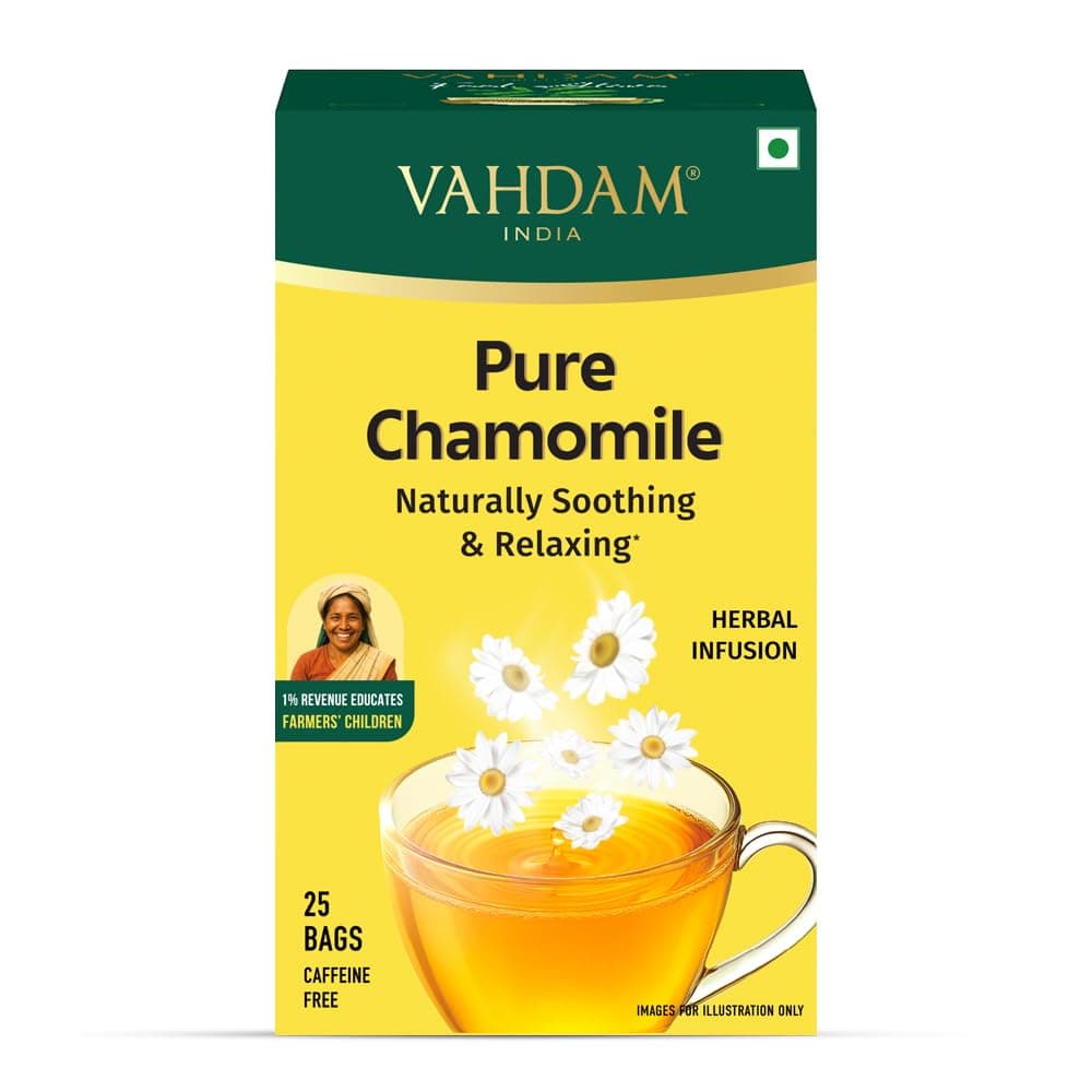 VAHDAM Pure Chamomile | 100% Chamomile Flowers | Naturally Soothing & Relaxing | Bedtime Herbal Infusion | Caffeine Free | Non-Bitter | 25 Tea Bags