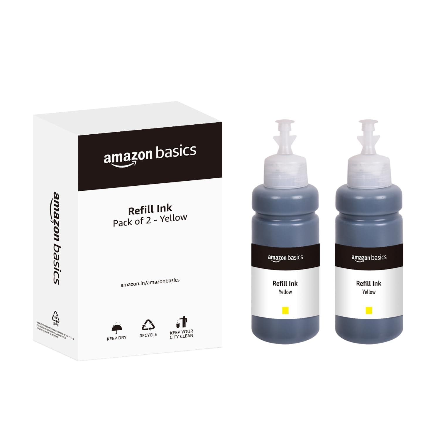 amazon basics T664 Refill Ink Bottle (Dual Pack) | Compatible with Epson L130/L360/L380/L361/L565/L210/L220/L310/L350/L355/L365/L385/L405/L455/L485 | Leak-Proof (70ml, Yellow)