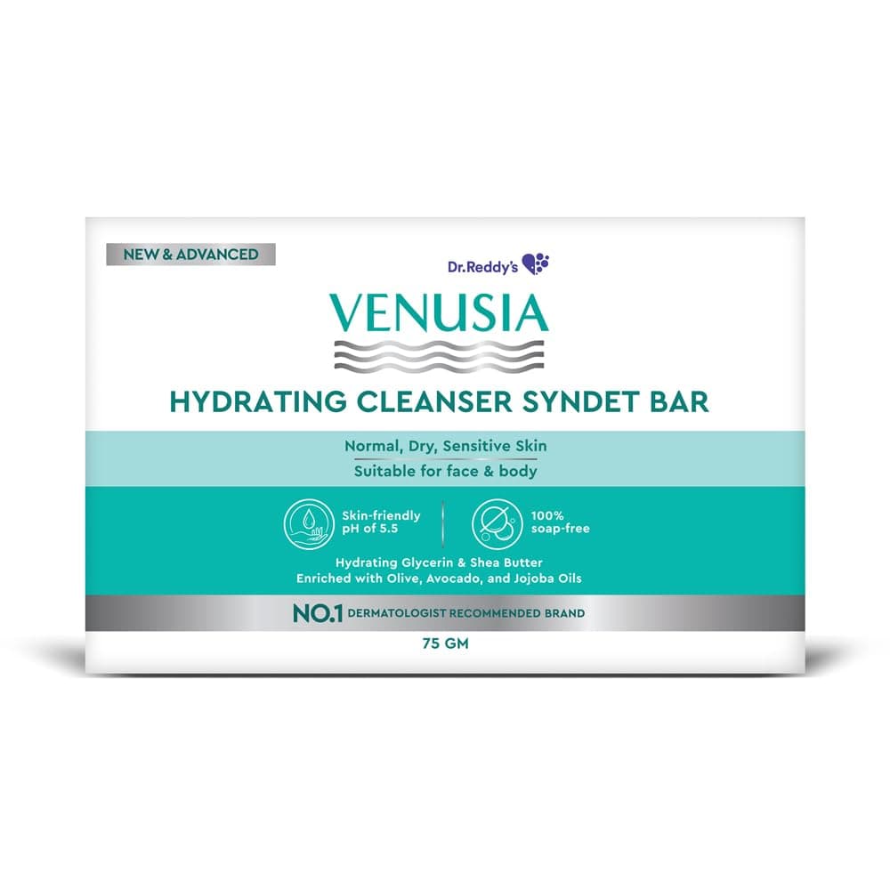 Dr. Reddy's Venusia Hydrating Cleanser Syndet Bar | 100% soap-free, pH 5.5, Non-irritating, Hypoallergenic, PAMA-free | Enriched with Hydrating Glycerin, Shea Butter, Olive Oil, Avocado Oil & Jojoba Oil - 75g