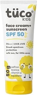 Tuco® Kids 2 in 1 Face Cream + Sunscreen SPF 50 with Saffron oil | UVA/UVB PA++++ | Broad Spectrum Protection | Benzophenone- 3 and Avobenzone Free | Ages 2-5, 5-10, 10-15 | 50gm