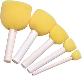 Qatalitic 5 Pcs Round Stencil Yellow Sponge Dabber, Wooden Handle Foam Brush for Art & Crafts, Stippler Set DIY Painting Tools