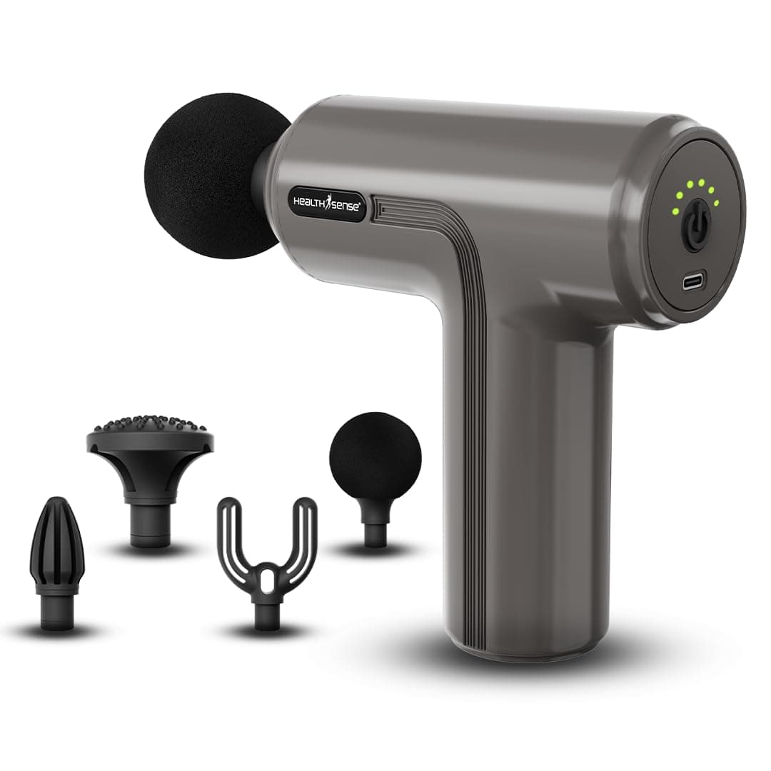 HealthSense Percussion Gun Massager machine for Full Body Pain Relief of Neck, Shoulder, Back, Arm & Foot for Men & Women | 2800 RPM Deep Tissue Massage Gun with Speed Indicator | 4 Removable Heads | 6 Speed Levels | High Torque Motor | Lightweight with Non-Slip Handle HM140