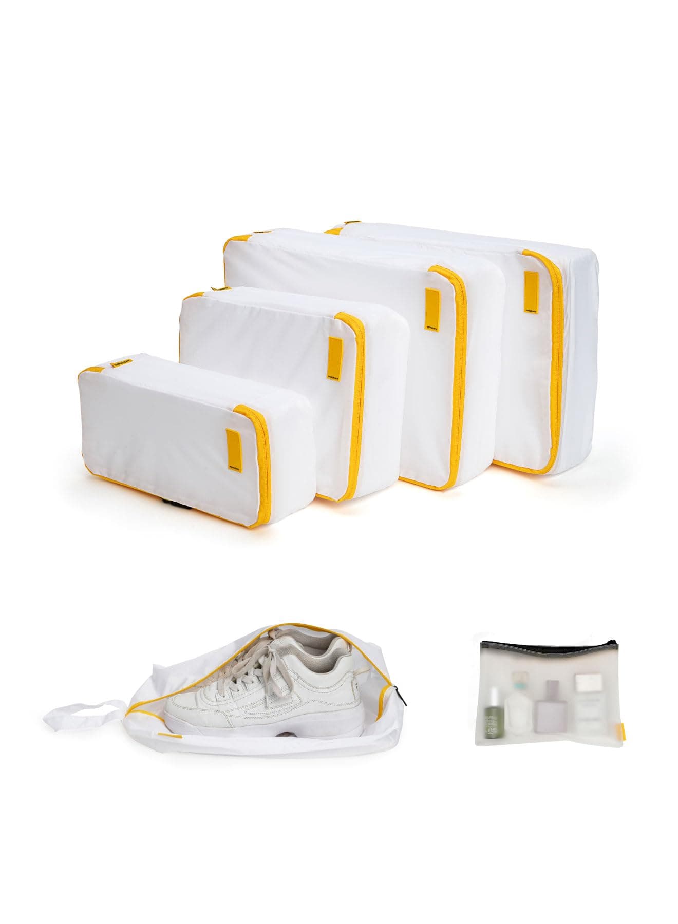 Mokobara The Packing Cube Nylon Fabric Water Resistant Travel Organizer Wardrobe Organizer Set of Packing Bag (XL,Large, Medium, Shoe bag, Toiletry Bag) (Set of 6, Still Loading Sunray) White