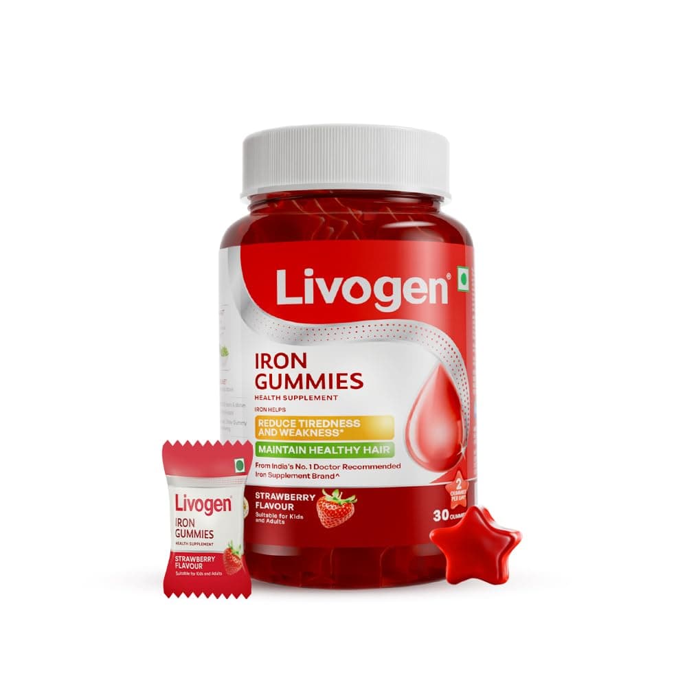 Livogen Iron Gummies for Women, Kids & Adults | Maintains Haemoglobin, Iron Helps Reduce Tiredness & Support Healthy Hair | 100% Vegetarian, Tasty Strawberry Flavour | 30 Gummies