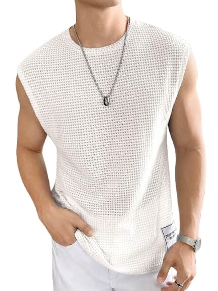 NETCLICK® Mens Waffle Tank Tops Sleeveless Round Neck Polycotton Vest, Sando & T-Shirt for Gym, Running and Outdoor
