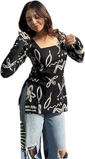 FELISIA Women's Full Sleeves Rayon Printed Square Neck Short Kurti, Bell Sleeves, Short Kurti for Women, Stylish Ethnic Top, Daily Casual Western & Office wear