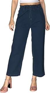 Lyra Women’s Denim Flare Pants with Wide Pockets | Elastic High Waist | Soft Cotton Blend | Stylish Wide Leg Casual Trousers