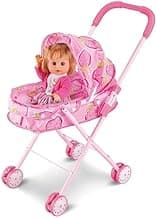 Foldable Doll Stroller for Kids, Lightweight Toy Baby Pram with Canopy & Storage Basket, Pink Doll Buggy for Toddlers Girls Pretend Play Gift