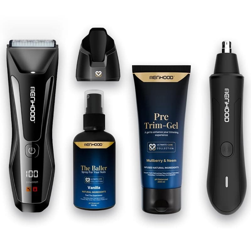 Menhood Up-Down Package 2.0 Includes - Trimmer 2.0, The Nosar-Nose & Ear Hair Trimmer, The Baller (Balls Spray), Pre-Trim Gel | Skin Protection | Travel Essentials Gift For Him | Men Grooming Kit