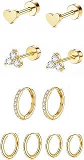 SANNIDHI 5 Pairs Earrings Set for Women Girls Stylish Hypoallergenic Surgical Flat Back Stud Earring Stainless Steel Cartilage Earrings Combo for Multiple Piercing